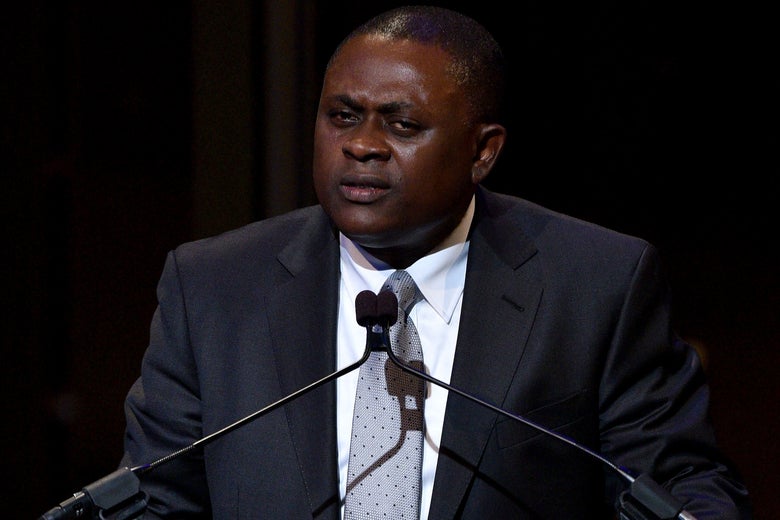 Bennet Omalu speaking at an event in New York City on Nov. 5, 2015.